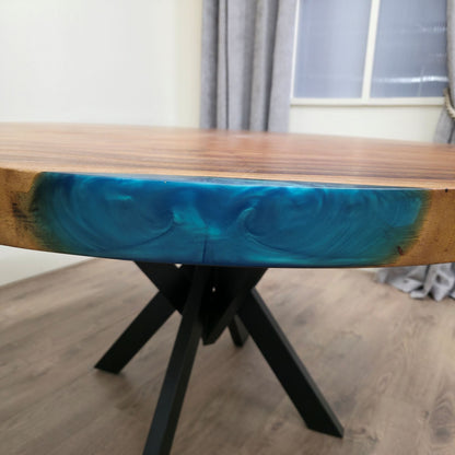 136cm Round Blue Resin Live Edge East Indian Walnut Dining Table